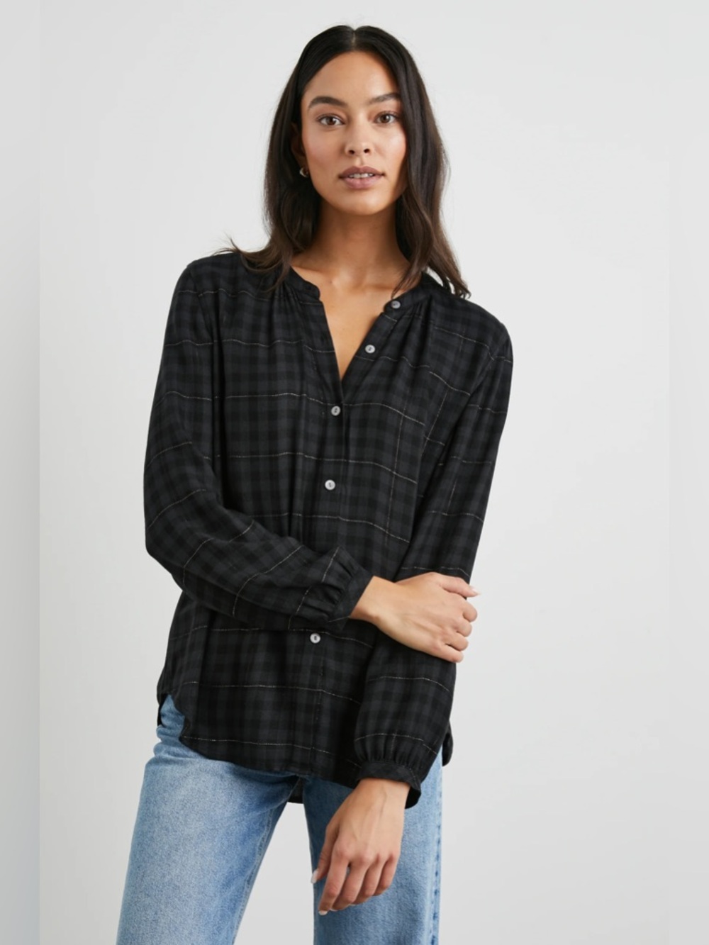 Rails Eloise Top Onyx Lurex Plaid Button Down Small